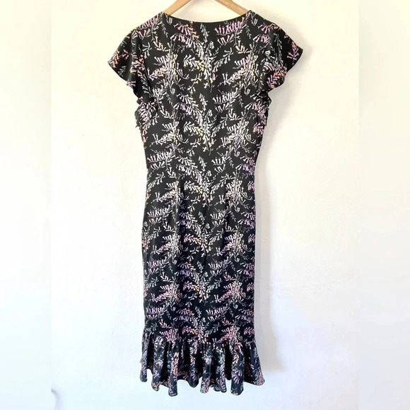 Cinq a Sept Nanon Silk Ruched Black Floral Ruffle Midi Sheath Dress Size 4 - Picture 12 of 16